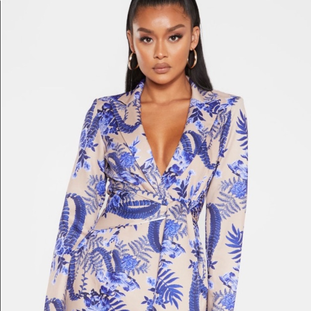 Nude Floral Wrap Detail Blazer Dress
